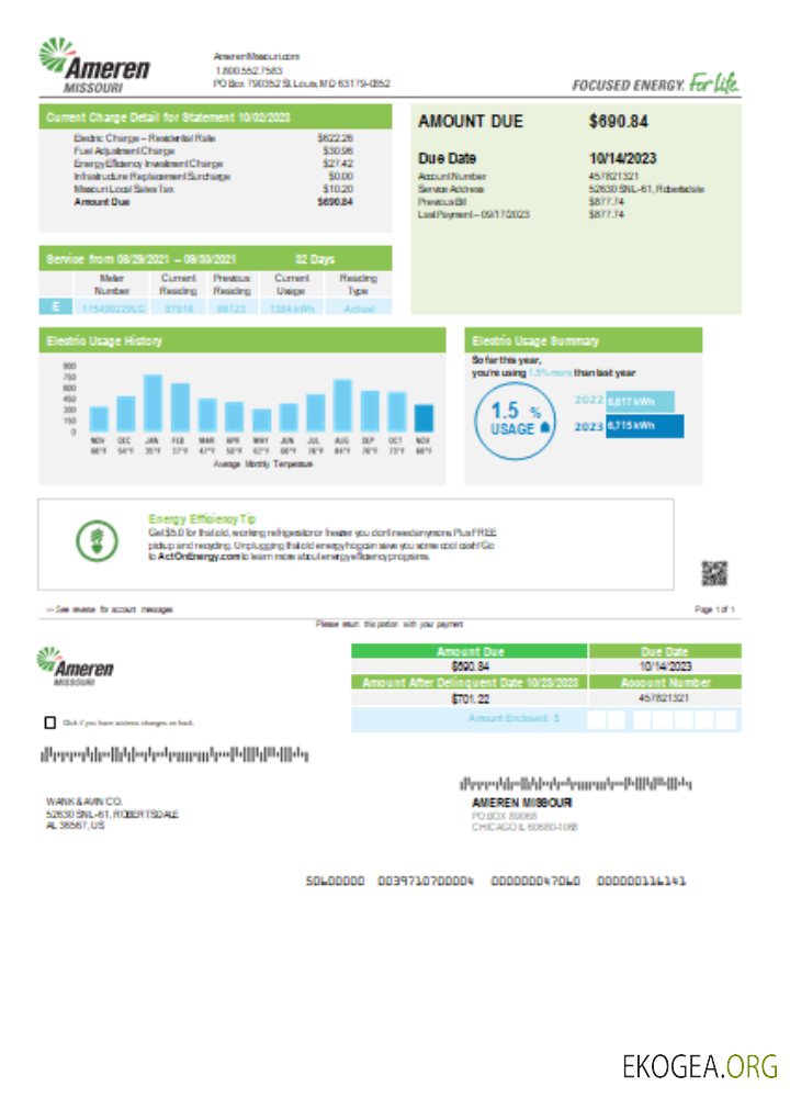 Facture commerciale du service public d'électricité d'Ameren Missouri, page 1, SCR